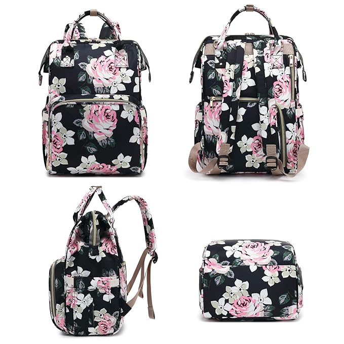 Floral Diaper Bag Backpack for Baby Girls, Mom Waterproof Large Nappy Bags for Women (Flowers)