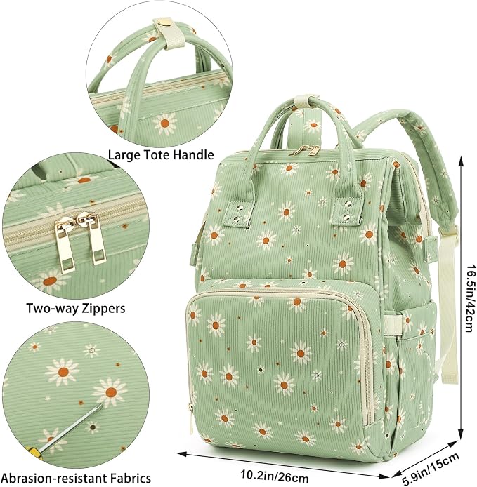 Corduroy Diaper Bag Backpack for Baby Girls Boys, Women Large Nappy Bags for Mom (Green Corduroy Daisy)
