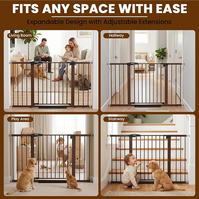 Mumeasy Baby Gate Extra Wide, 29.7-51'' Pressure Mounted Dog Gate with Walk Thru Door, Auto Close Pet Gate for House, Stairs, Doorways,Brown