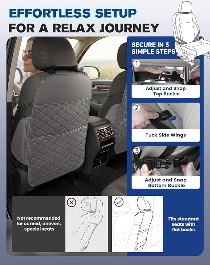 Seat Back Protectors for Kids, Car Kick Mats for Back of Front Seats with Large Pocket Organizer, Waterproof, Protects Against Dirt, Scuffs & Scratches, Fits Most Vehicles, 2PCS (Gray)