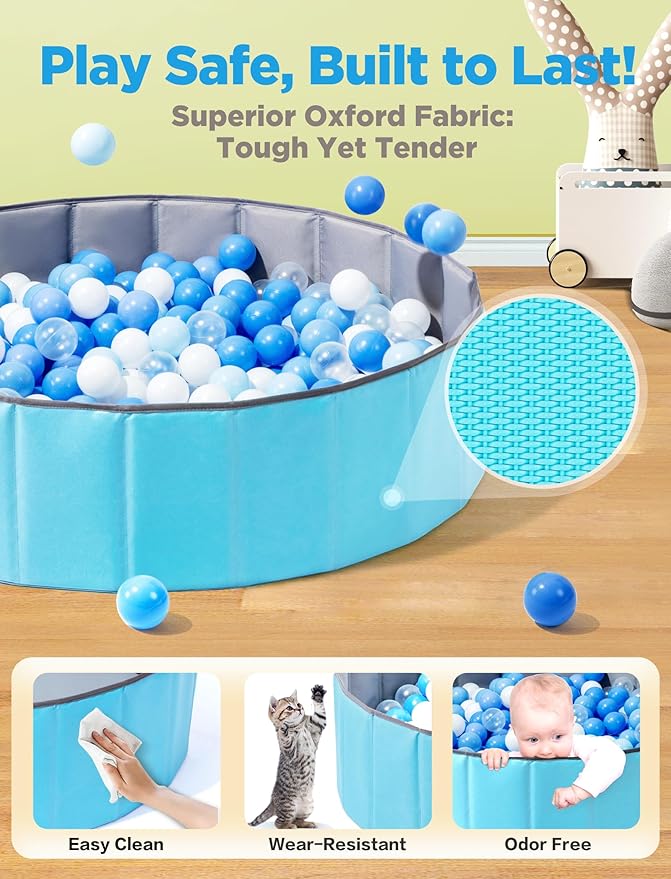 Hikiddy Large Ball Pit for Toddlers - 44in Baby Ball Pool with Playmat, Hold Over 1000 Balls, Foldable Play Pit for Kids Dogs Indoor and Outdoor Games, Party Toys Gifts, Balls Not Include (Blue)