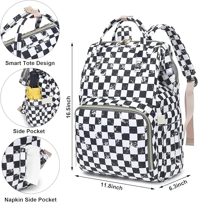Marble Checkered Baby Diaper Bag Backpack for Women, Large Capacity Waterproof Maternity Travel Nappy Backpacks with Stroller Straps