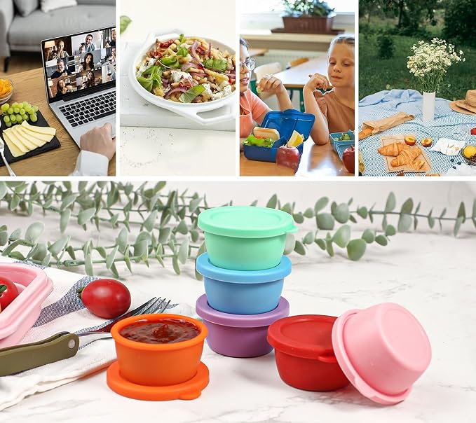 KOLUTI 6 Pack Salad Dressing Container To Go, Nonstick Silicone 1.6oz Sauce Cup for Lunch Bento, Small Condiment Storage Box with Lid, Leak-proof, BPA Free, Dishwasher & Microwave & Oven Safe