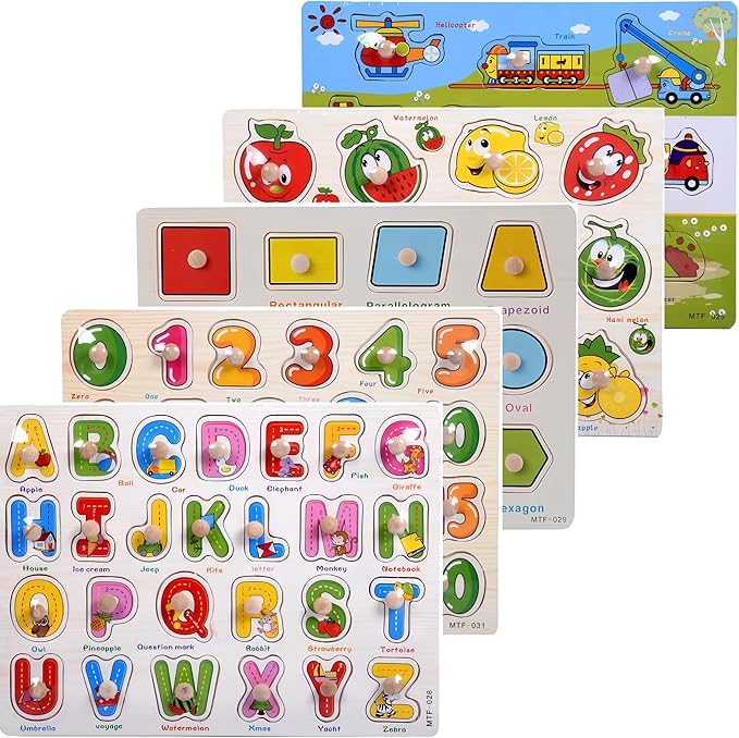 Montessori Alphabet, Number, Shape, Fruit & Vehicle Wooden Puzzle Set – 5‑in‑1 Learning Toy for Toddlers