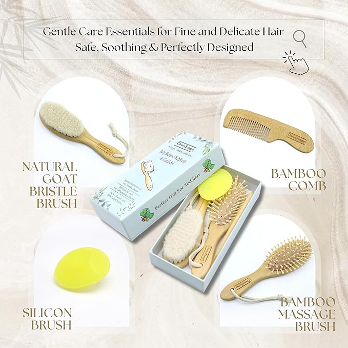 Bamboo Baby Brush & Comb Set – 4-Piece Newborn Grooming Kit with Soft Goat Hair Brush, Wooden Comb & Silicone Scalp Massager – Cradle Cap & Baby Shower Gift