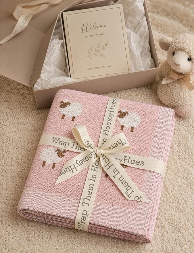 Organic Cotton Baby Blanket - Soft Luxury Knit Receiving Blanket for Newborns & Toddlers, Cozy Breathable Stroller Blanket with Pattern, Unisex, 30x40Inch(Sheep-Pink)