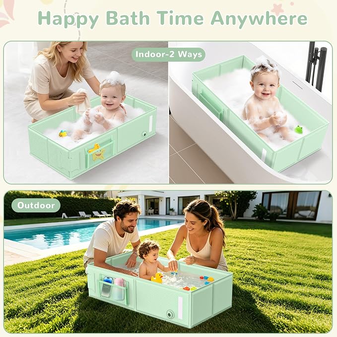 Collapsible Baby Bathtub, Foldable Toddler Bath Tub with Chick Pattern Bath Rinse Cup, No Assembly Portable Travel Bathtub for 6M-5Y, Ideal for Shower, Travel Essentials & Baby Registry Gift