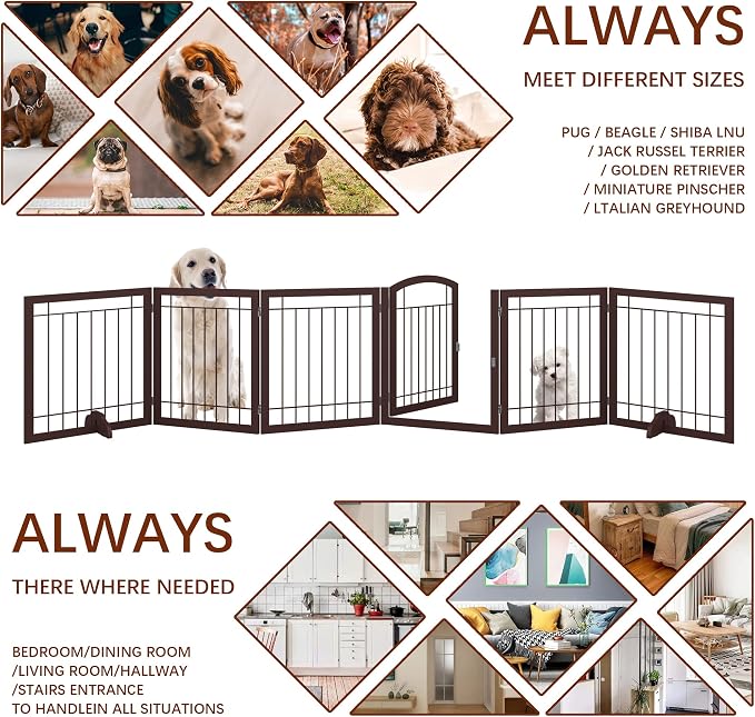JSB 144-inch Extra Wide 30-inch Tall Dog gate with Door Walk Through, Freestanding Pet Gate for Halls, Stairs & Home, Pet Puppy Safety Dog Fence with 2PCS Support Feet (Espresso)