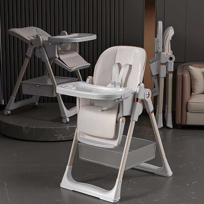 3-in-1 Foldable High Chair for Babies & Toddlers, Adjustable Height, Reclining Seat, Wheels with Safety Locks, Removable Tray, Space-Saving Multifunctional Baby Dining Chair (White)
