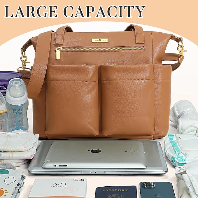 miss fong Diaper Bag Tote Leather Diaper Bag Backpack Pañaleras Para Bebe with 15 Pockets,Leather Diaper Tote with Diaper Changing Pad, Baby Bag for Moms Mommy Bag for Women