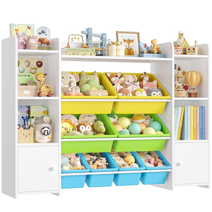 FOTOSOK Toy Storage Organizer with 8 Toy Bins, Toy Organizer Kids Bookshelf with 6 Storage Cubbies, Stuffed Animal Storage Organizer, Playroom Storage and Toy Chest, White/Green