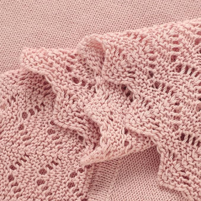 Hadetoto Baby Blanket Soft Cozy Cotton Cable Knit Crochet Receiving Crib Nursery Swaddling Blankets for Newborn Boys Girls (Baby Pink)