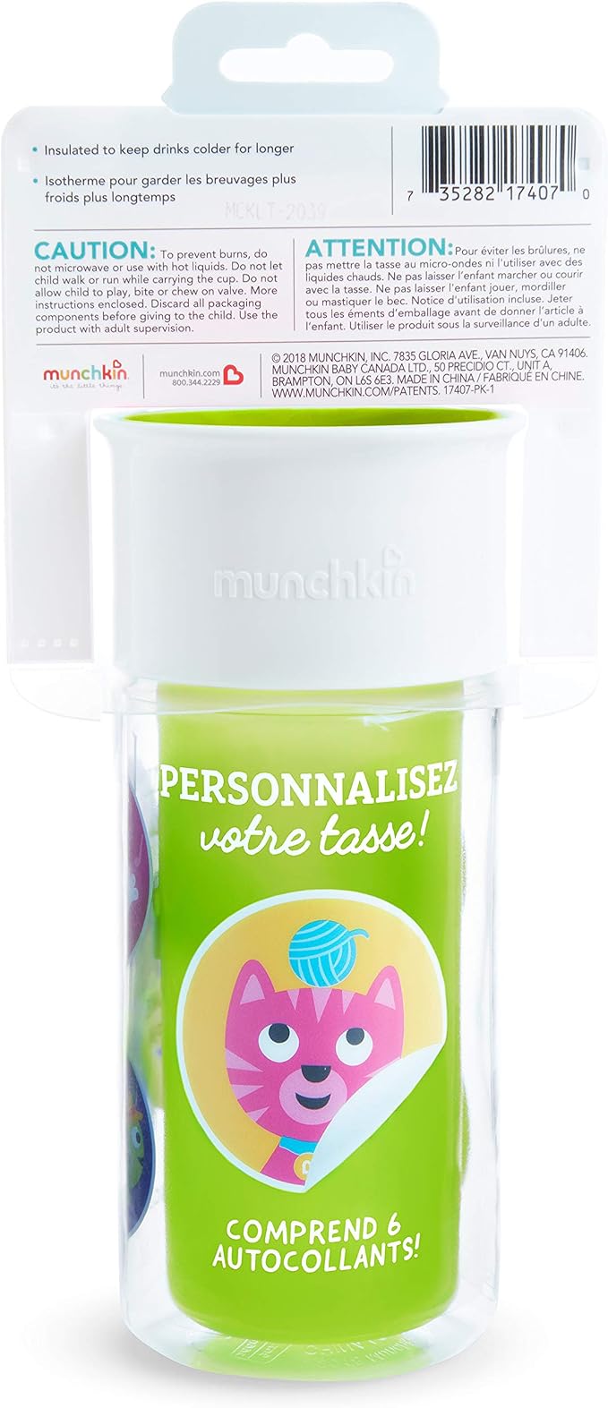 Munchkin® Miracle® 360 Insulated Sippy Cup, Includes Stickers to Customize Cup, 9 Ounce, Green