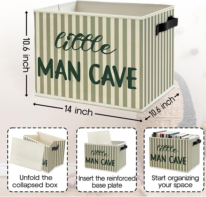 Little Man Cave Boys Storage Bins Box with Handles, Green Stripe Boho Collapsible Basket Organizer for Kids Boys Playroom Nursery Room Bedroom Bathroom Toys Books Clothes