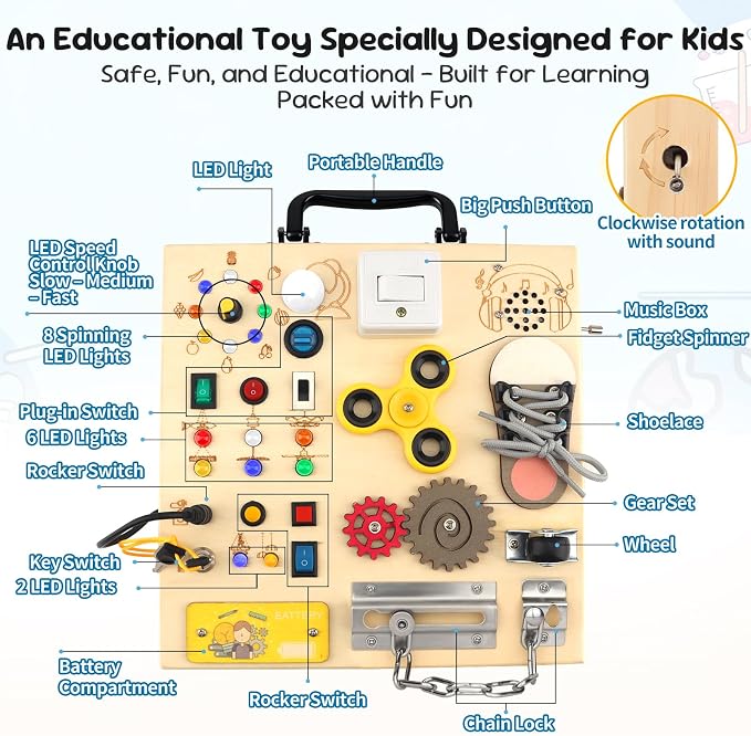 Wooden Busy Board with LED Light,Montessori Baby Learning Toys for Toddlers , Sensory Activity Board , Travel Educational Toy Boy & Girl Birthday Gift (Black Handle)