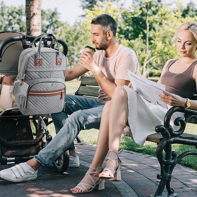 Tuwubi Diaper Bag Backpack with Changing Pad,Baby Essentials, Multi function Waterproof Backpack with Stroller Straps & Pacifier Case Light Grey