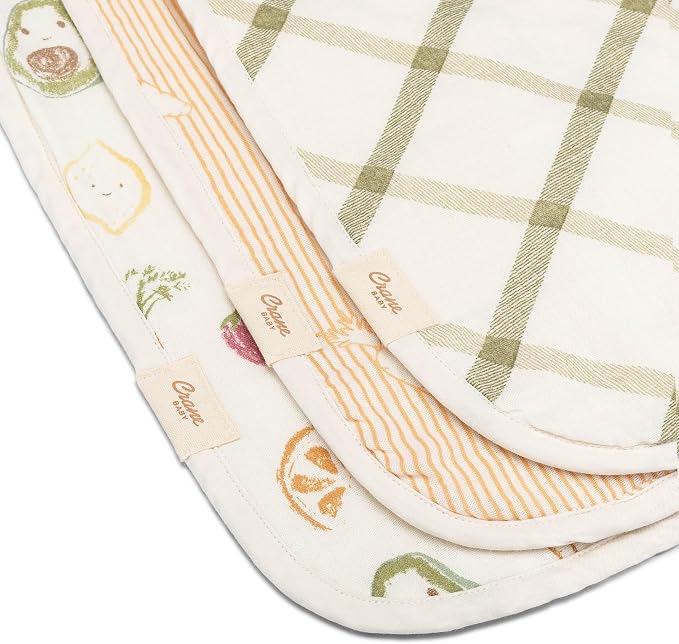 Crane Baby Clementine Cotton Muslin Burp Cloth Set of 3, Fruits & Veggie Print, Baby Boy & Girl Burp Cloths, Absorbent 100% Cotton Muslin & Terry Cloth, Soft Burping Cloths for Newborn