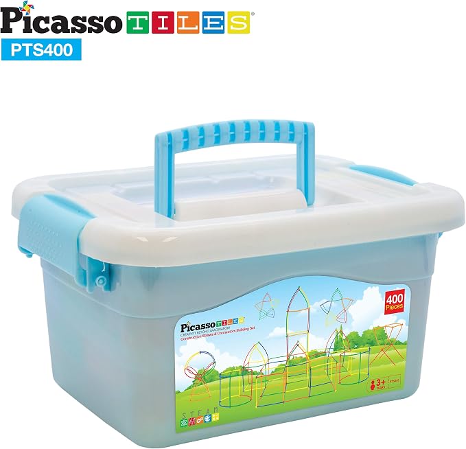 PicassoTiles 400pc Construction Toy Straw Building Set Children STEM Learning Interlocking Building Toys Creative Straw Connecting Builder Kits Early Education Kit for Kids Boys & Girls Ages 3+ PTS400