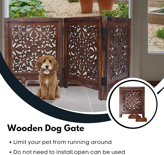 Dog Gate Indoor, Free Standing Folding Wooden Dog Gate for Doorway, Hallway or Stairs, Decorative 3 Panel Wood Pet Fence, 60x24 Inch Pet Gate, Natural Burnt Lucy Design