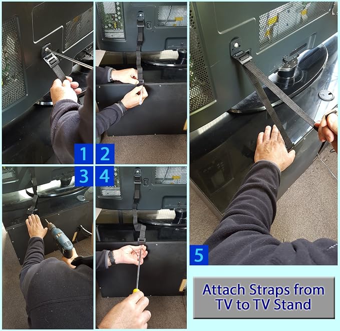 TV & Furniture Anti-Tip Straps - Anchors Any Flat Screen or Furniture, Extra Strong Hold - 2 Pack Black - Childproofing for Light & Heavy Furniture - Door Slam Guard Included