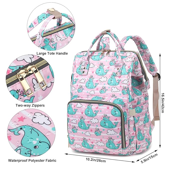 Whale Diaper Bag Backpack for Baby Girls, Mom Waterproof Large Nappy Bags for Women