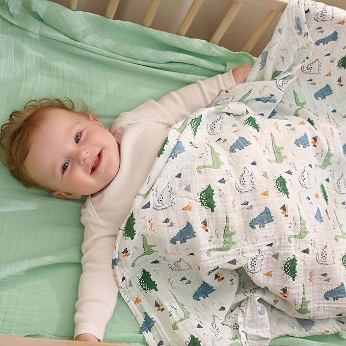 david's kids 3 Pack Baby Muslin Swaddle Blankets, 100% Cotton and Ultra Soft Breathable Receiving Blanket Wrap for Boys Girls, New Born Essentials, Large 47 x 47 inches, Dinosaur