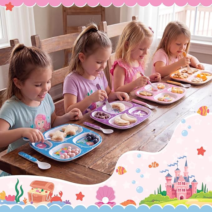 Jinei 4 Set Melamine Dinner Plate for Kids Dinnerware Dishes Set with Fork and Spoon Mermaid Unicorn Princess Cat Divided Melamine Plates for Girls Toddlers Picky Eaters BPA Free Dishwasher Safe