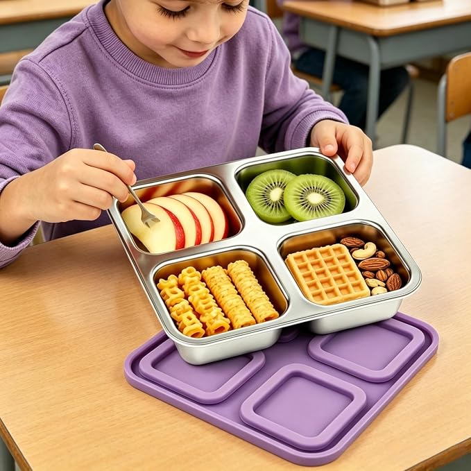 2 Pack Stainless Steel Snack Containers, Reusable 4 Compartment Food Container with Lids, 24 Oz Divided Metal Bento Snack Box for Travel Work, Snack Pack Containers for Portion Control