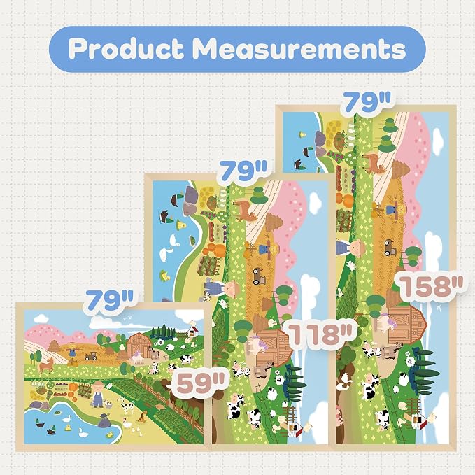 1.5" Thick Educational Baby Floor Play Mat 59x79, Flannel Padded Memory Foam Kids Mat, Non-Slip Plush Playmat for Nursery Playroom Classroom (Farm)