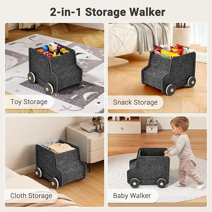 Toy Storage Box with Wheels, Soft Felt Toy Organizers and Storage for Kids, 17" x 12" x 12", 10 Gal, Multifunction Toy Chest for Living Room, Playroom, Nursery - Dark Gray