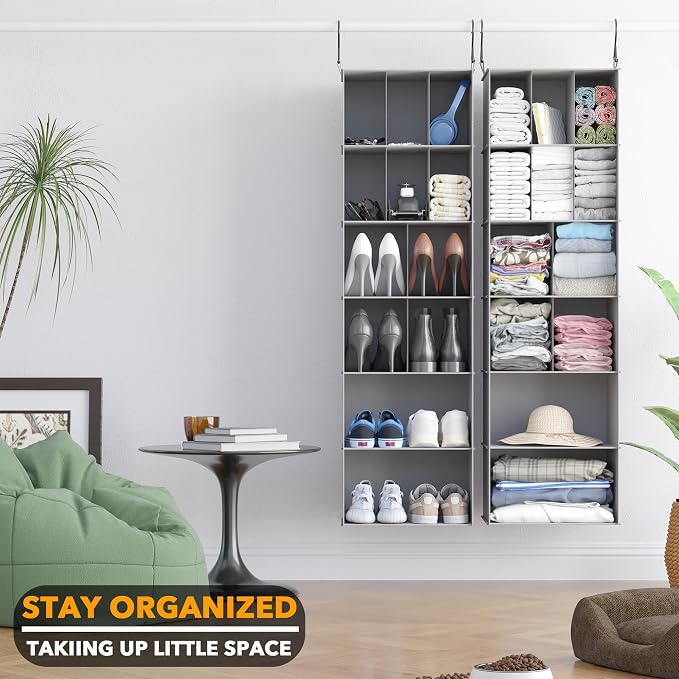 SpaceAid 2 Pack Hanging Closet Organizer and Storage with Dividers, 24 Compartments Hanging Shoe Shelves for Closet, Wardrobe, RV, Garment Rack - Grey