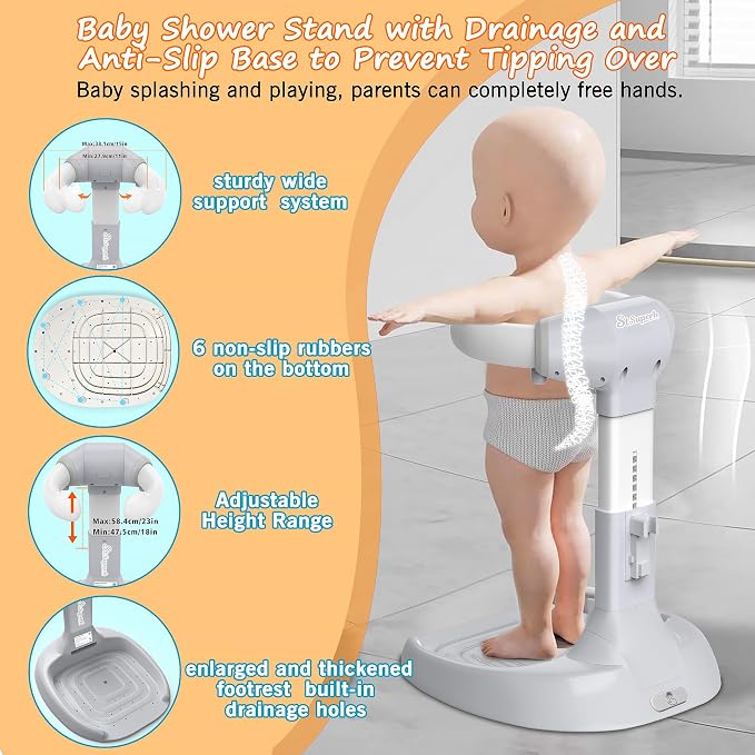 Foldable Baby Shower Stand, Toddler Shower Stand with Anti-Slip Base & Anti-Pinch Silicone, Baby Shower Standing Support 6-36 Months,Baby Stand Up Shower |Soporte para Bañera de Bebé (Grey)