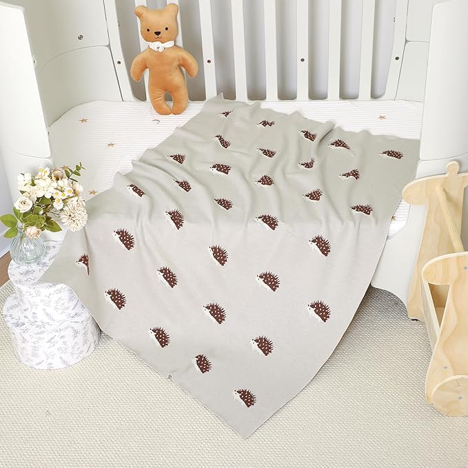 Opewod Baby Blanket 100% Cotton Baby Swaddle Blanket Knit Soft Cozy Lightweight Unisex Receiving Stroller Quilt Blanket with Cute Hedgehog 30x40 Inch Light Grey