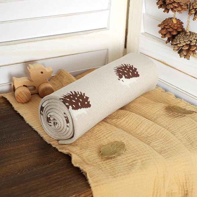 Opewod Baby Blanket 100% Cotton Baby Swaddle Blanket Knit Soft Cozy Lightweight Unisex Receiving Stroller Quilt Blanket with Cute Hedgehog 30x40 Inch Light Camel