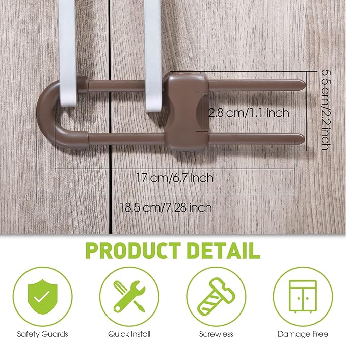 Jetec 10 Pieces Cabinet Locks for Babies, U-Shaped Proofing Drawers Safety Child Locks Adjustable, Easy to Use Childproof Latch for Knob Handle on Kitchen Door Storage Cupboard Closet (Brown)