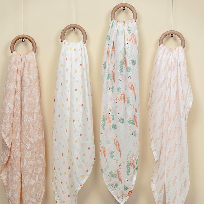 GLLQUEN BABY Muslin Swaddle Blankets 4-Pack Breathable Receiving Blankets (35" x 40") Soft Baby Blankets for Girls and Boys Newborn Essentials Muslin Burp Cloths Swaddle Wrap Baby Gift(Flamingo)