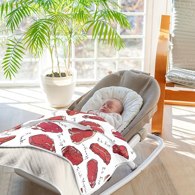 Ollabaky Beef Steaks and Meat Baby Blanket for Boys Girls Cotton Throw Blanket Swaddle Blanket for Crib Stroller Nursery Receiving Blanket Infant Toddler Unisex 30"x40"