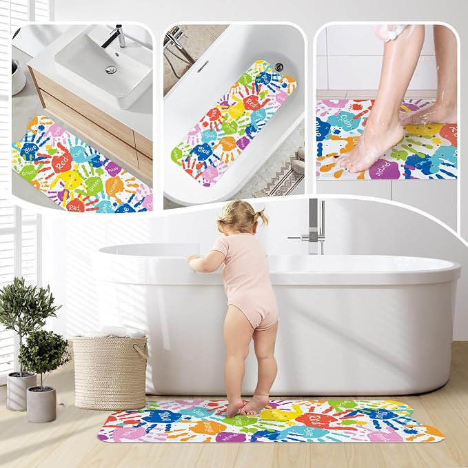 SHUCHING Handprints Baby Bath Mat for Tub Non Slip-40 X 16Inch, Kids Bathtub Mat Anti Slip, Toddler Long Shower Mat for Bathroom Mold Free, Machine Washable