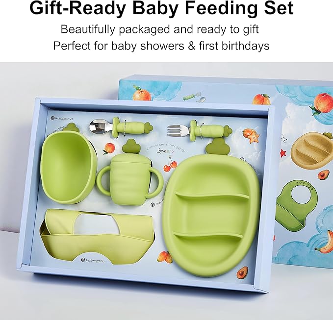 Silicone Baby Feeding Gift Set ??Suction Plate, Bowl, Training Cup, Fork, Spoon & Bib (6-Piece) (Green)