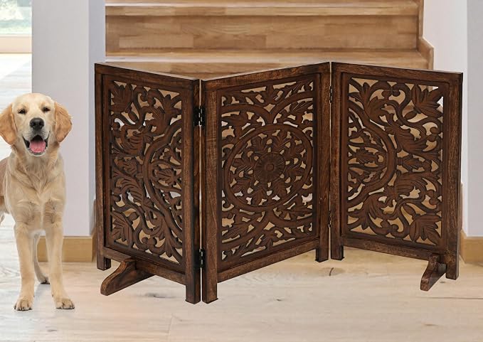 Freestanding Pet Gate for Dogs, Foldable Wooden Dog Gate for House, Indoor Dog Gate for Stair, Doorway, Circle Design Gates for Dogs Indoor, 48 Inch Wide, (16" x3 Panels =48 inch), Burnt Finish