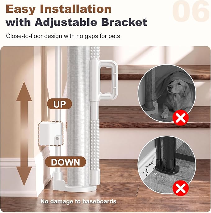 GRENFU Reinforced 120 Inch Extra Wide Retractable Baby Gate 33 Inch Tall, Retractable Dog Gate with Support Rods to Prevent Crawling Through, 10 FT Wide Retractable Gate for Indoor/Outdoor, White