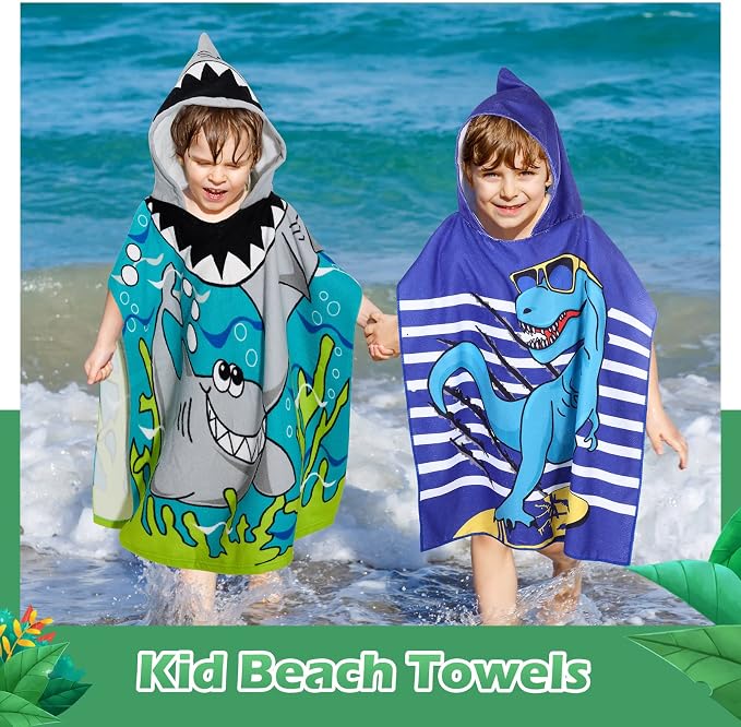 Chumia 3 Pack Kids Hooded Beach Poncho Towels Toddler Swim Pool Bath Towels with Hood Thicker Cotton Absorbent Cover up for Boys Girls Baby(59 x 30 Inch,Shark, Dinosaur)