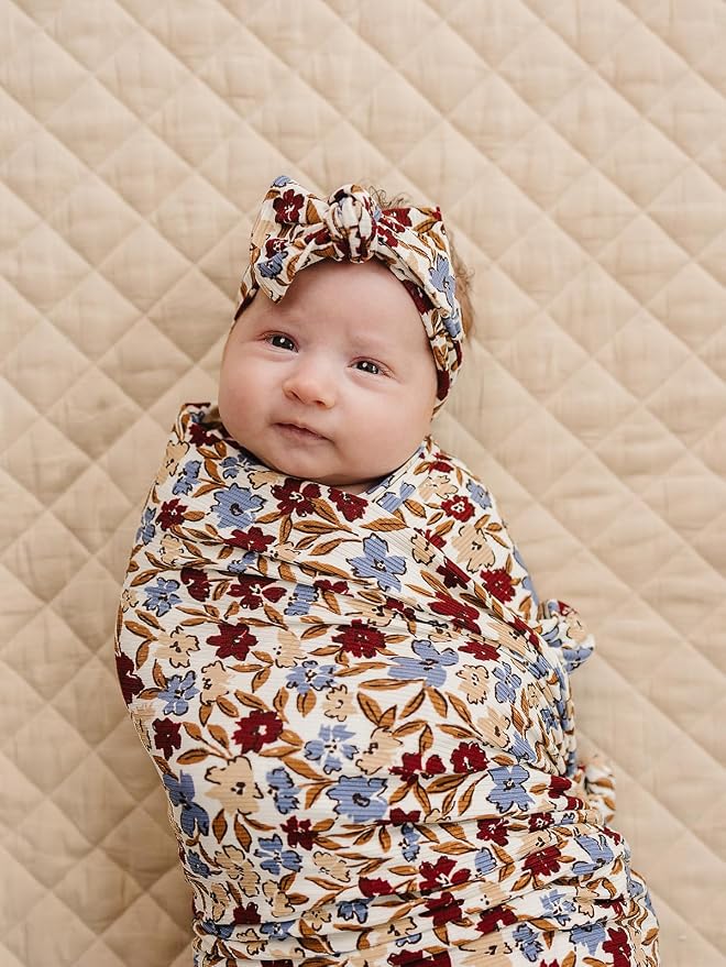 Mebie Baby Desert Floral Stretch Swaddle Blanket, Modern and Neutral for Baby Girl or Boy, Soft Rayon and Spandex, 95% Rayon 5% Spandex, Newborn 0-3 Month, Comfy Wrap, 47" x 47"