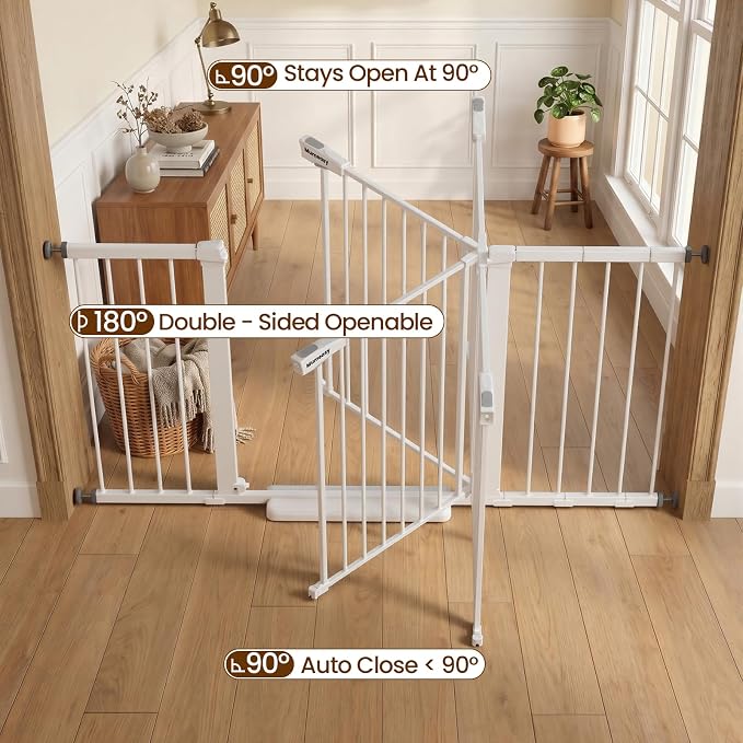Mumeasy 36" Extra Tall Baby Gate for Doorways, 29.7"-57" Extra Wide Dog Gate for Stairs, Pressure Mounted Auto Close Pet Safety Gate with Easy Walk Thru Door, Large Indoor Child Gate for House, White