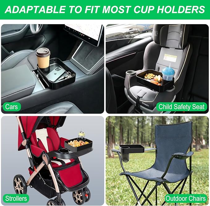 Car Seat Snack Tray for Kids, Mess-Free Square Travel Tray Cup Holder Snack Tray, Durable Car Food Tray for Toddlers, Universal Fit Kids Travel Road Trip Essentials (2Pcs black)
