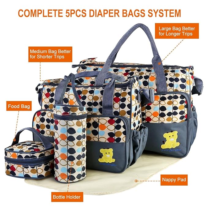 Moclever 5PCS Diaper Bag Tote Set for Baby Essentials ??Large Baby Bags for Mom, Waterproof Maternity Bags with Bottle Bag, Food Bag & Changing Pad (Gray)