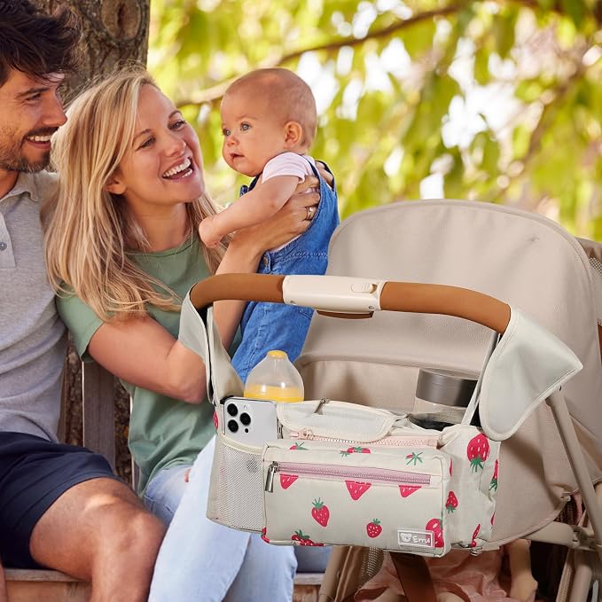 Universal Stroller Organizer with Insulated Cup Holders and Detachable Phone Bag,Stroller Caddy Fits for Stroller Accessories like Uppababy, Baby Jogger, Doona, Nuna Stroller (strawberry)