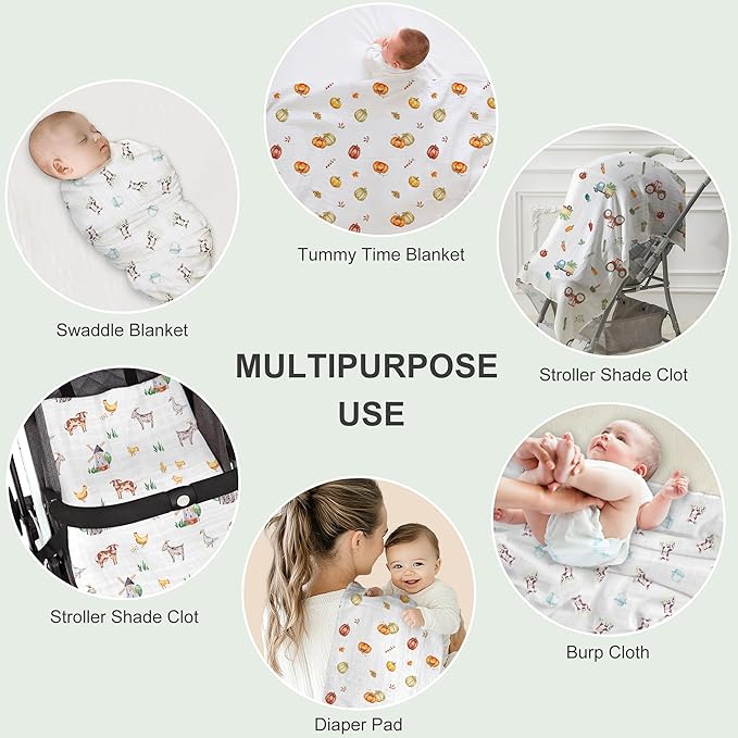Muslin Swaddle Blankets for Newborn, 4 Pack Large 47"x47" Soft Breathable Bamboo Cotton Baby Blanket, Lightweight Receiving Blanket for Boys and Girls, Farm Life