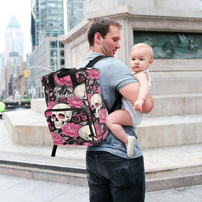 Personalized Skull Pink Flowers Diaper Bag Travel Large Cap Mom Dad