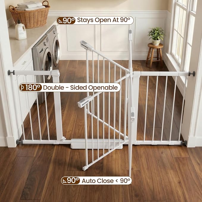 Mumeasy 29.7-57" Extra Wide Baby Gate, Auto Close Large Dog Gate for Doorways, No Drilling Pressure Mounted Pet Safety Gate for Stairs, Easy Walk Through Child Gate for Hallways, House, Indoor, White